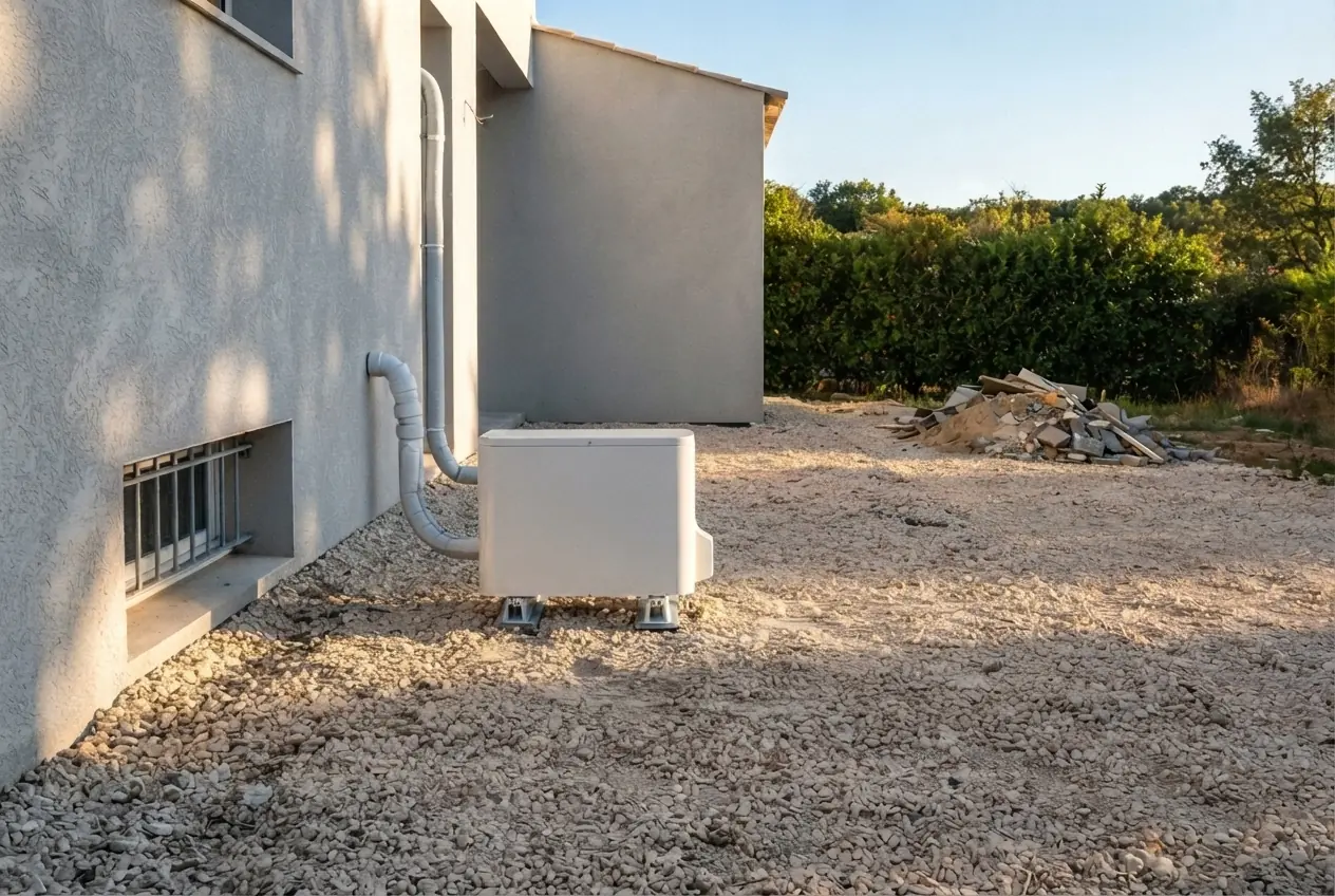 Unité extérieure de PAC air-eau fixée et raccordée à Cheval-Blanc