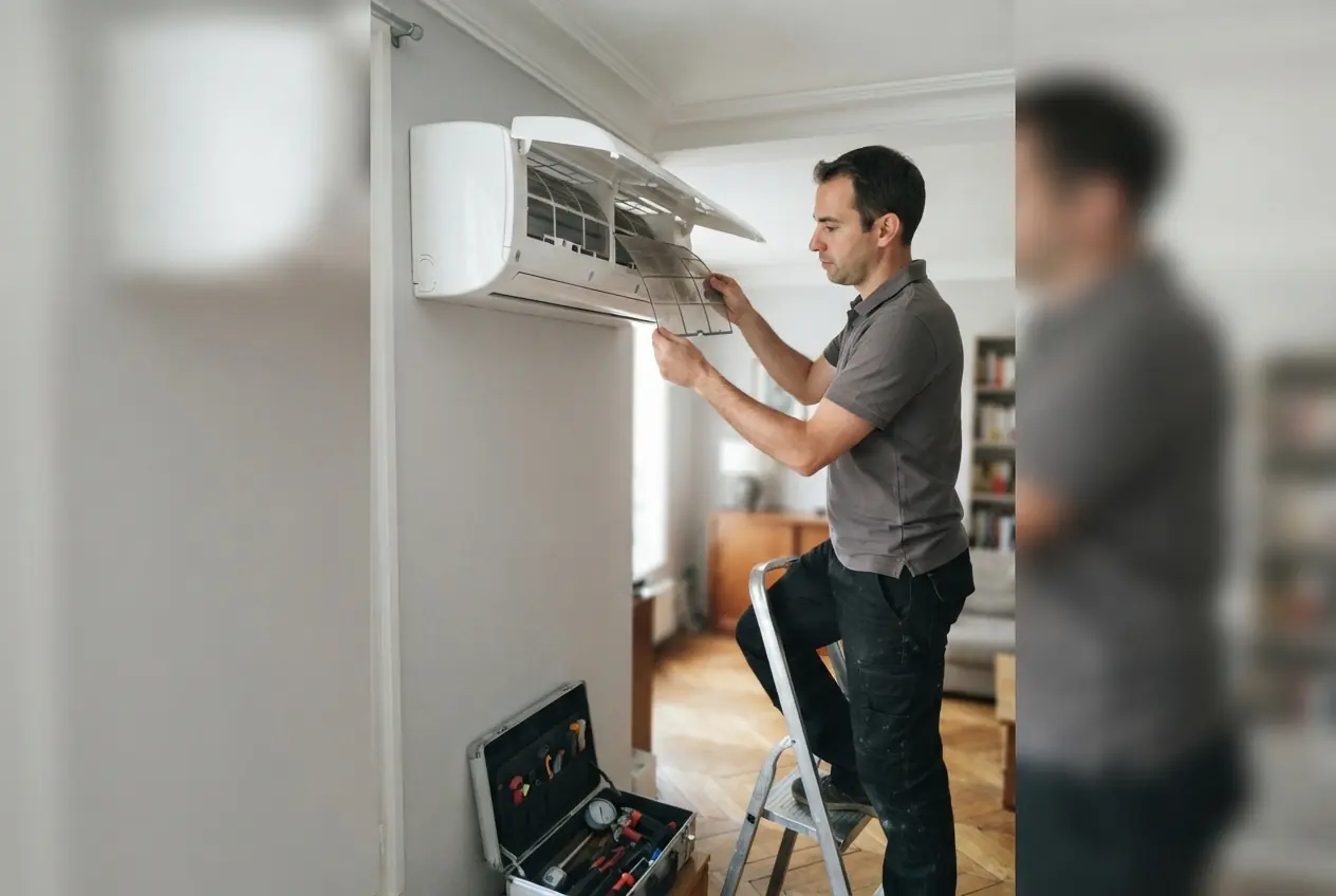 Technicien contrôlant les filtres d'une climatisation à Cavaillon